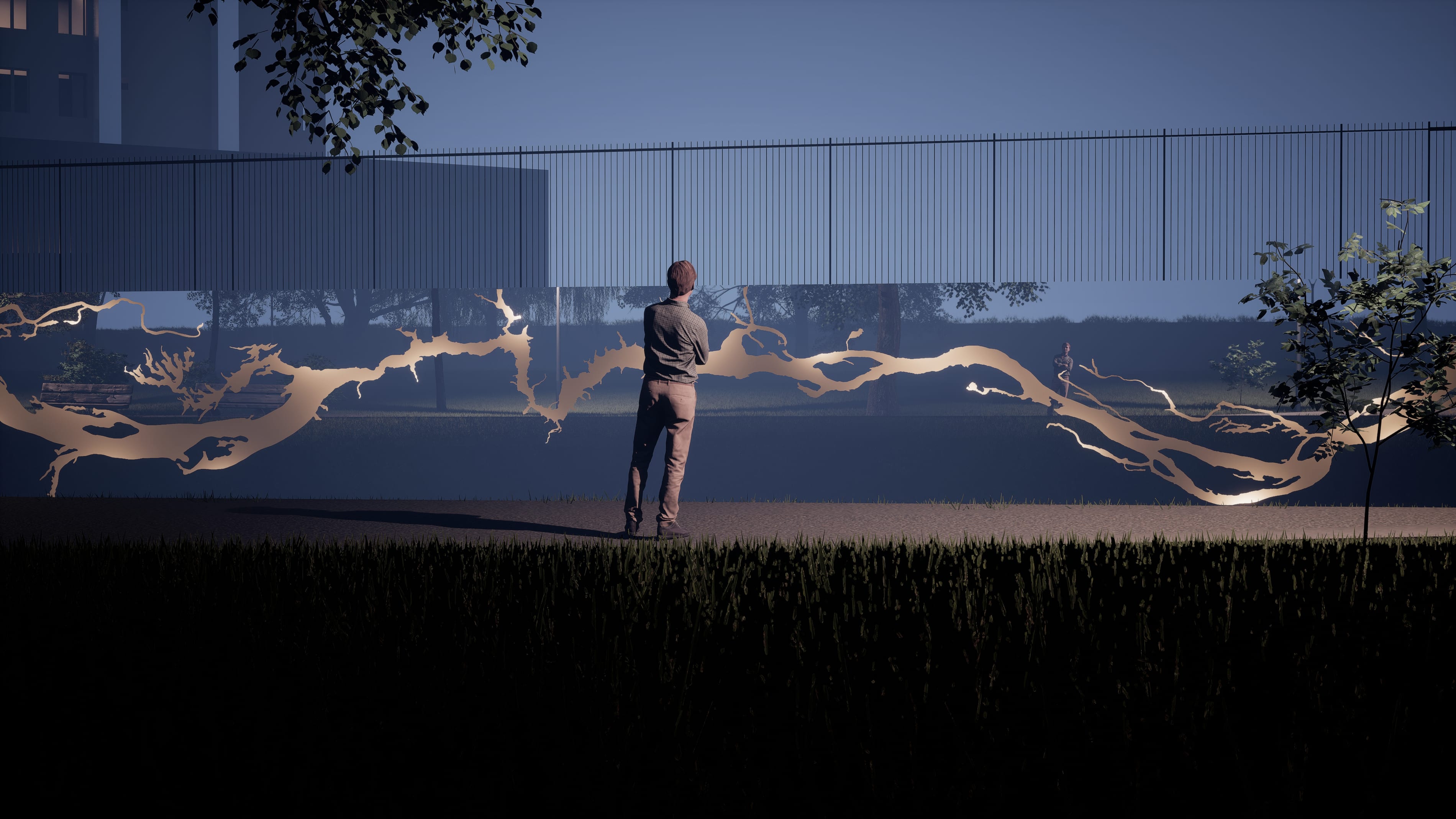 River of light — installation visualisation, mirror facade